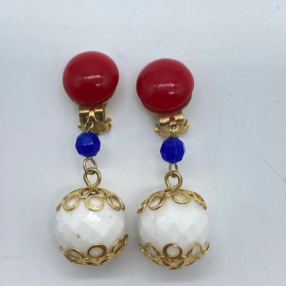 Vintage Hong Kong Red Blue & White Clip-On Dangle Earrings Gold-Tone Filigree - Picture 7 of 9